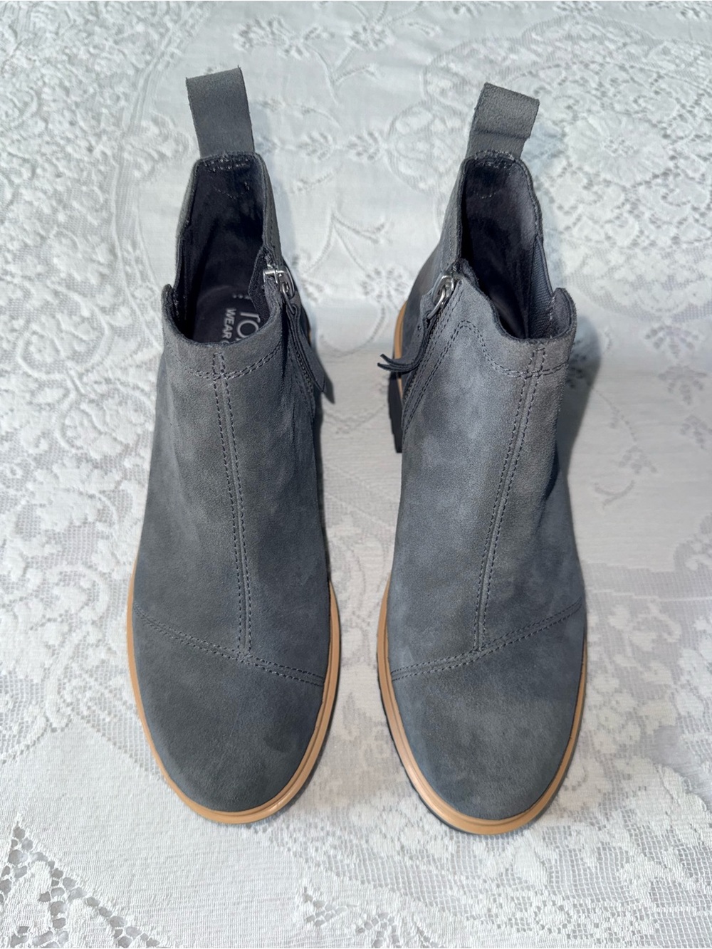 TOMS Grey Suede Ankle Boots Wedge Platform Zipper Size 6.5